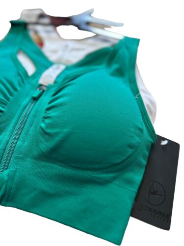 90 Degree By Reflex High Perform. GREEN/WHITE Zippered Sport Bra 2 Set- MÉDIUM