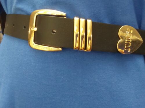 JUICY COUTURE BELT BLACK WITH GOLD BUCKLE + TRIPLE GOLD BELT LOOP GOLD HEART TIP