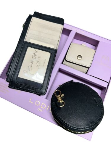 LODIS~ Genuine Leather Card Stacker, Coin Purse & Earbud Case~Beige & Black~CUTE
