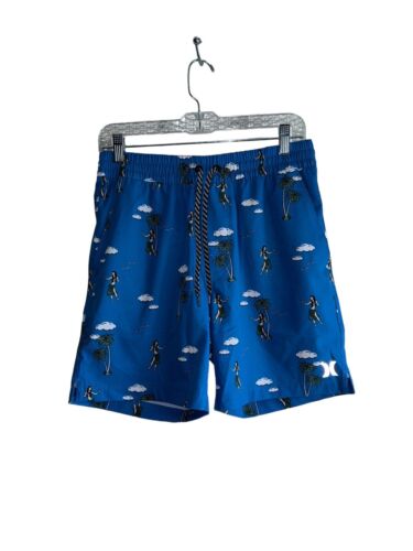 Hurley Swim Trunks Mens Size Small Hula Girl Hawaiian Dancer~Blue Multicolor~NEW