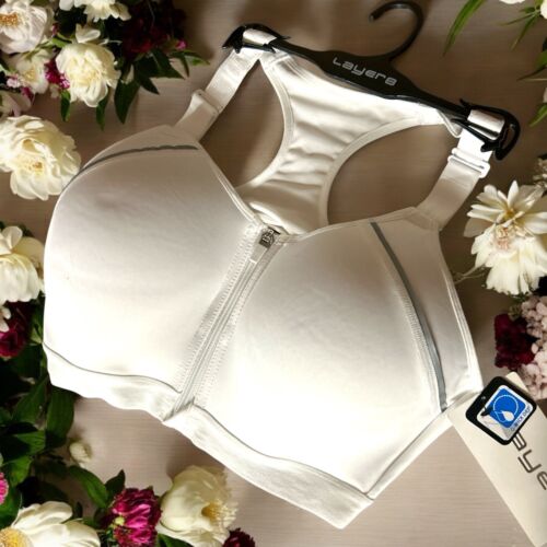 LAYER 8 MAXIMUM SUPPORT SIZE 1XL Sports Bra White~Fitted Front Zipper~GREAT FIT!