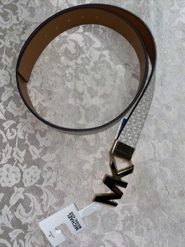 MICHAEL KORS BELT VANILLA/LUGGAGE XL PRINTED MK LOGO WITH GOLD MK LOGO BUCKLE
