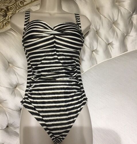 NIP TUCK BOND EYE ONE PIECE SWIMSUIT Stripe Black /White/Gold Size 8