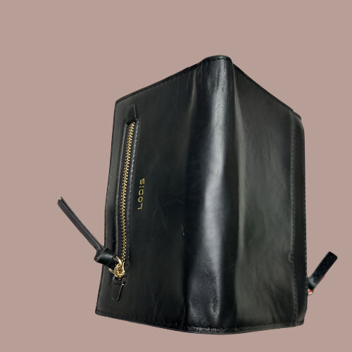 LODIS Ellie Medium Flap Bifold Wallet~ Glaze Leather Genuine~ Black~UNIQUE