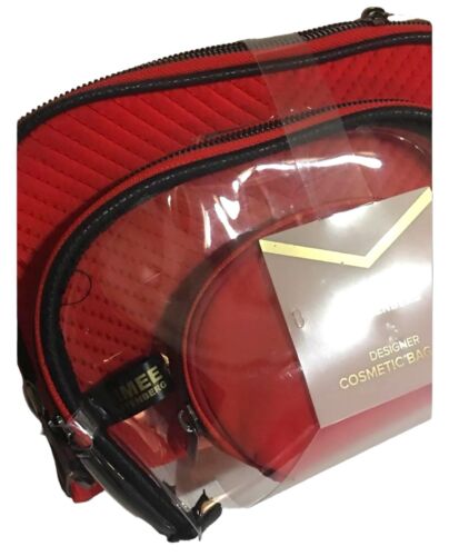 Aimee Kestenberg CHELSEA RED CHEVRON 3-Piece NICKEL Silver Zipper Cosmetic Bag