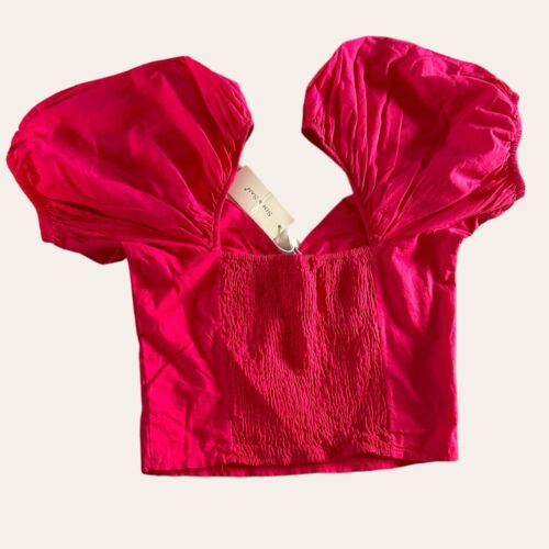 Sim&Sam Bubble Sleeve Crop Top Smocked Back Ring Sweetheart Neckline Size Large