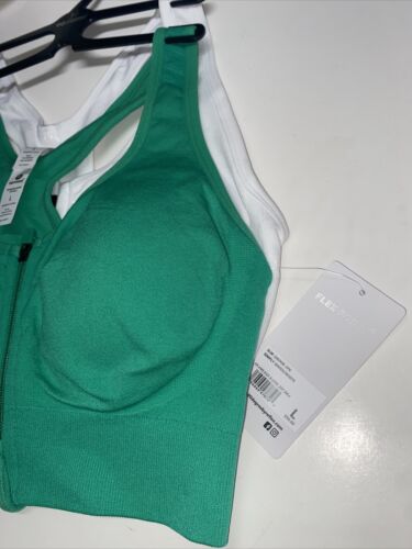 90 Degree By Reflex High Perform. GREEN/WHITE Zippered Sport Bra 2 Set- LARGE