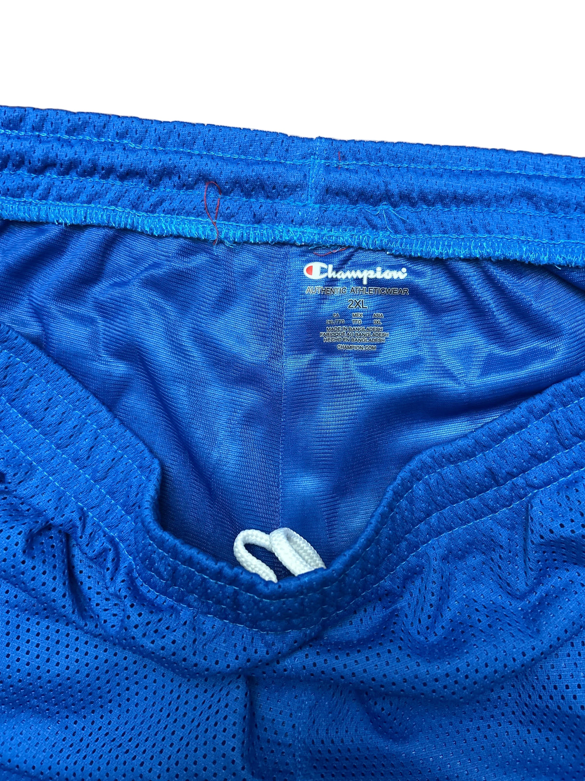Champion Authentic Athleticwear Mesh Shorts - Light Blue with Red Ribbon and C Champion Logo
