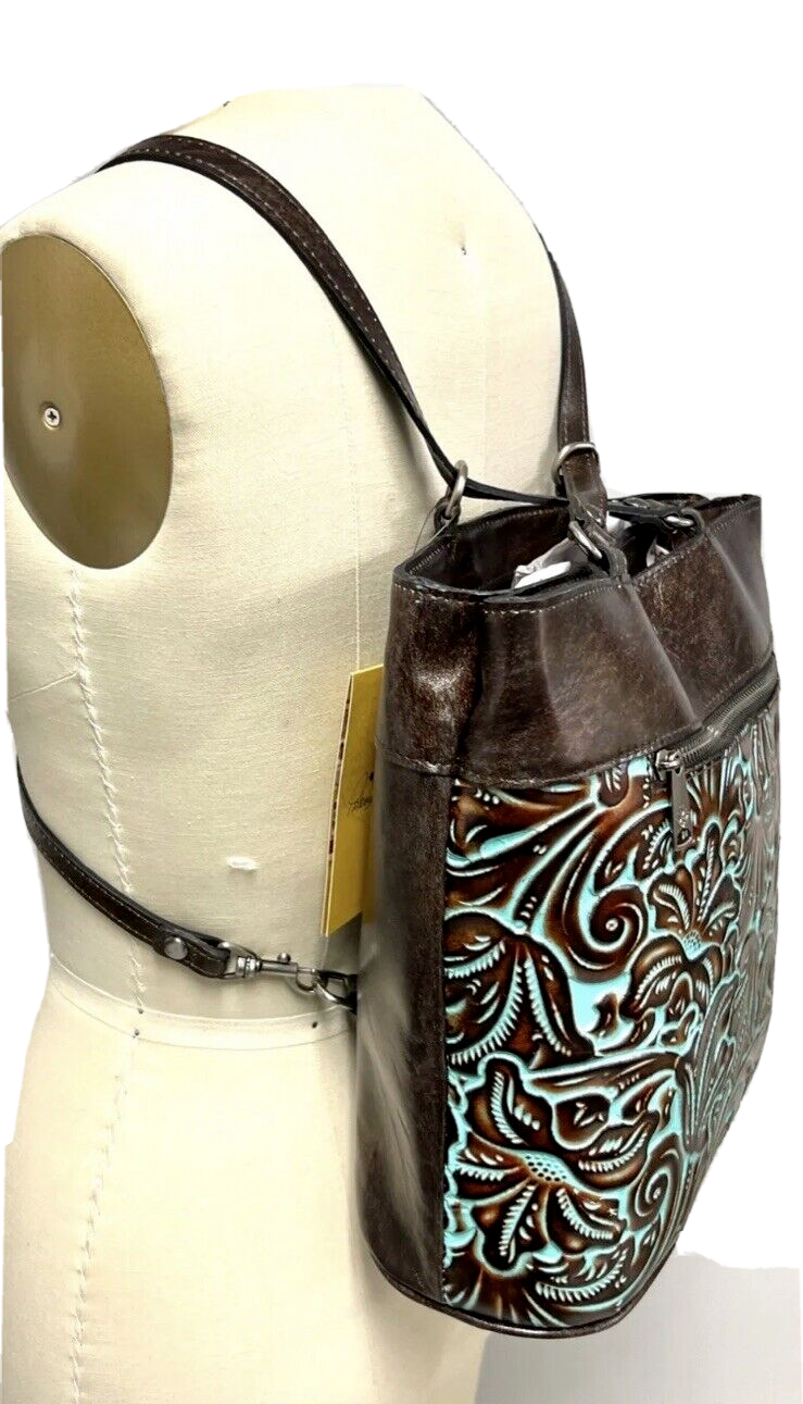 Patricia Nash Albi Tooled Turquoise Convertible Backpack Tooled $249.00~UNIQUE