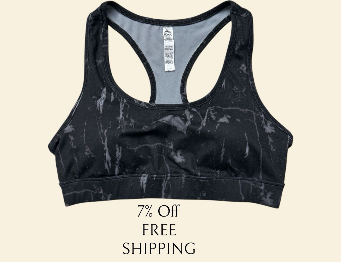 RBX WOMEN’S SPORTS BRA RACERBACK BLACK & GRAY CAMO, REMOVABLE PADS~PULLOVER~NEW