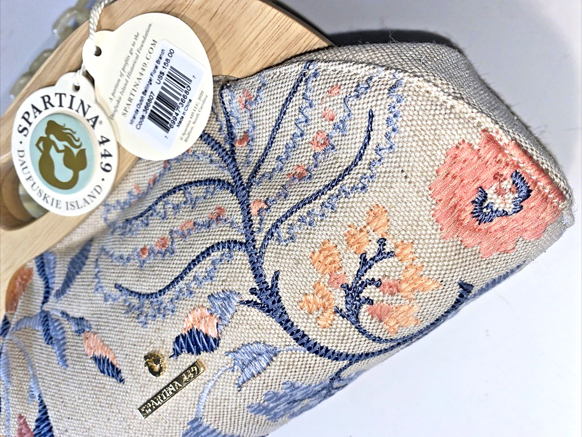 Spartina 449 Miranda Bellinger Floral Embroidered Clutch Wood Handle Bag NWT