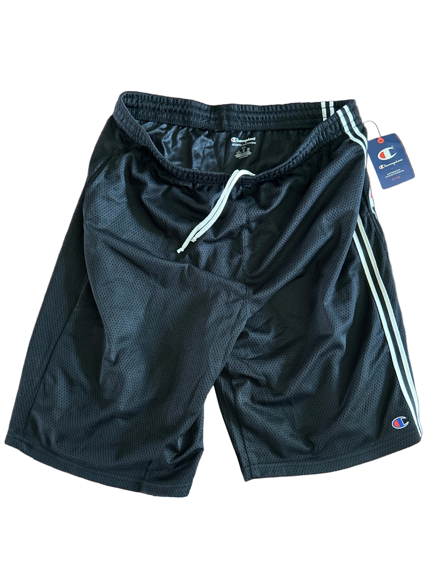 Champion Authentic Athleticwear Mesh Shorts - Black with CHAMPION Text on Leg
