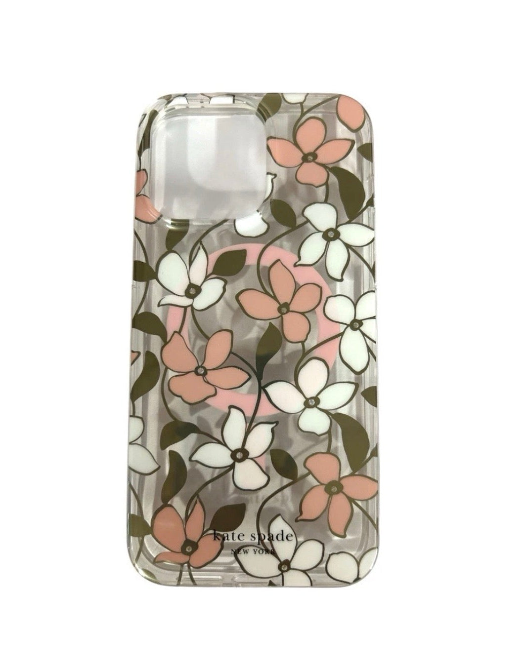 Kate Spade New York iPhone 14 Pro Max Case - White & Pink Flowers with Rhinestones - MagSafe Compatible