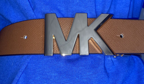 MICHAEL KORS BELT VANILLA/LUGGAGE PRINTED MK LOGO WITH GOLD MK LOGO BUCKLE XL