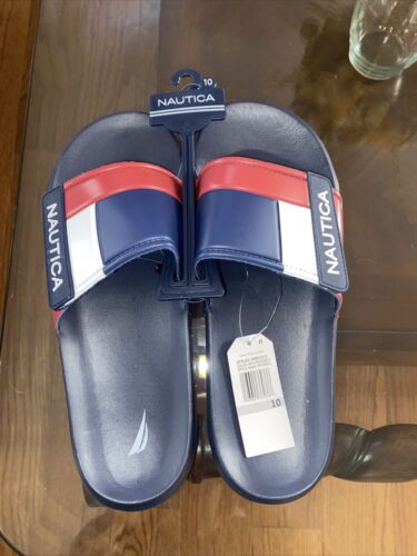 Nautica Bower Athletic Adjustable Slides Sandals, Mens Size 10, Navy White & Red