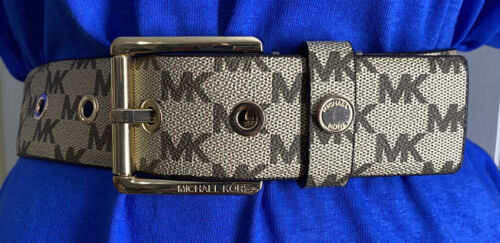 MICHAEL KORS BELT BEIGE  WITH MK LOGO WITH RIVET BELT LOOP GOLD BUCKLE  EYELETS