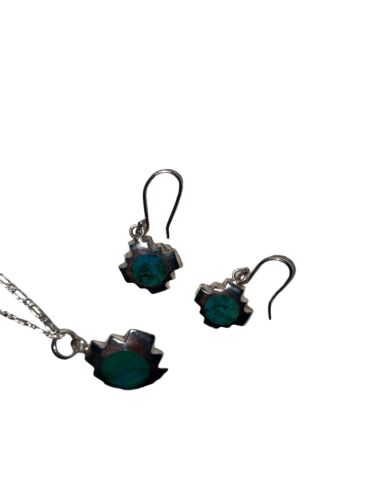 PERUVIAN Chakana Pendant Necklace & Earring Set TURQUOISE Stone 950 Purity