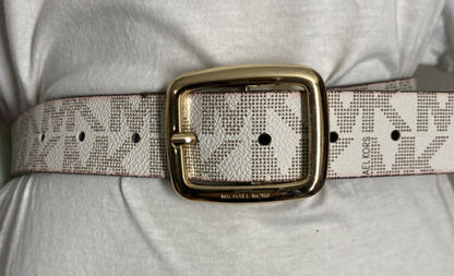 MICHAEL KORS BELT REVERSIBLE CHOCOLATE/VANILLA MK LOGO PRINT GOLD OVAL BUCKLE