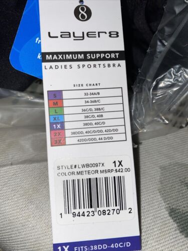 LAYER 8 MAX. SUPPORT SIZE 1X SPORT BRA FITTED METEORITE. BLACK LWB0097X MSRP $42