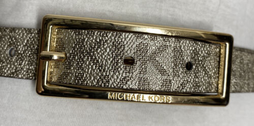 Michael Kors belt glittery gold printed MK logo gold rectangle buckle "Skinny" M