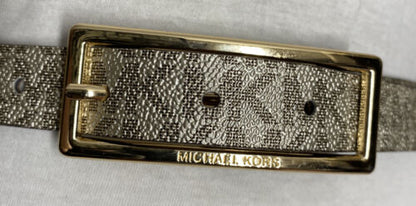 Michael Kors belt glittery gold printed MK logo gold rectangle buckle "Skinny" M