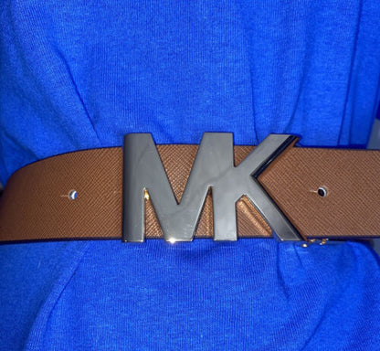 Michael Kors Belt Vanilla/Luggage Reversible Printed MK Logo and Buckle ALL SIZES!