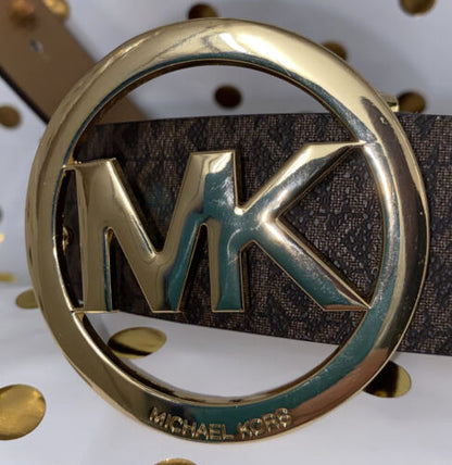 MICHAEL KORS BELT CHOCOLATE MK LOGO WITH LARGE MK LOGO GOLD ROUND BUCKLE YES!!
