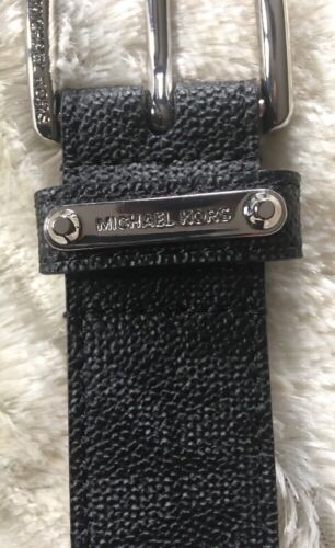 MICHAEL KORS BELT BLACK MK LOGO SILVER BUCKLE SILVER EYELETS MSRP $58