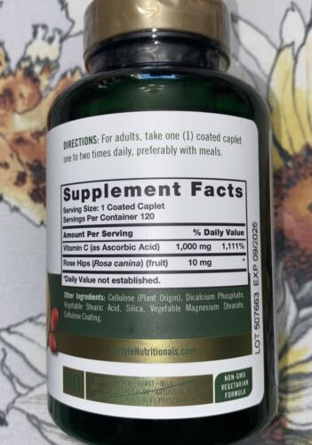Vitamin C 1000mg with Rose Hips | 120 Caplets | Vegetarian | by Carlyle