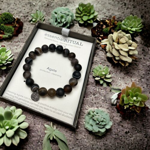 essentialRITUAL AGATE Genuine Stone Bracelet~Protection, Cleansing~Silver Charm
