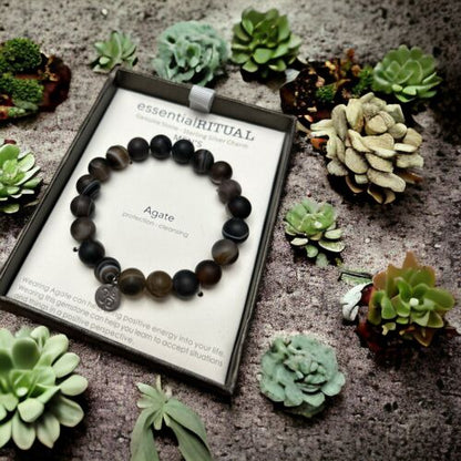 essentialRITUAL AGATE Genuine Stone Bracelet~Protection, Cleansing~Silver Charm