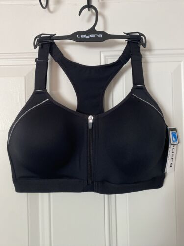 LAYER 8 MAXIMUM SUPPORT SIZE XL Sports Bra Black Fitted Front Zipper-NEW