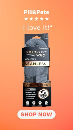 Copper Fit Pro Women Seamless Ankle Socks 3 Pairs Shoe Size 4-10~Copper Infused