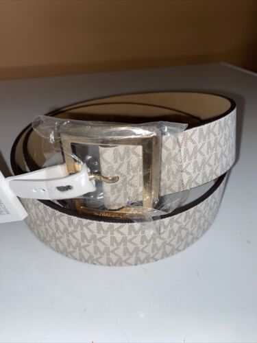 MICHAEL KORS BELT WHITE MK LOGO GOLD BUCKLE SIZE MEDIUM "CLASSY" MSRP $42