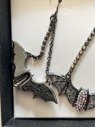 Betsey Johnson Dangling Bat Earrings - Silver Crystals and Rhinestones NIB