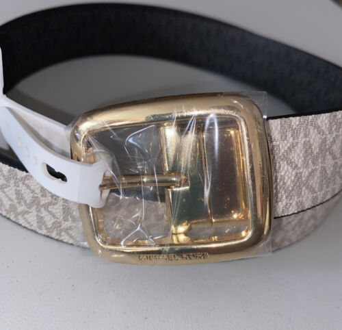 MICHAEL KORS BELT REVERSIBLE VANILLA/BLACK MK LOGO GOLD RECTANGULAR BUCKLE