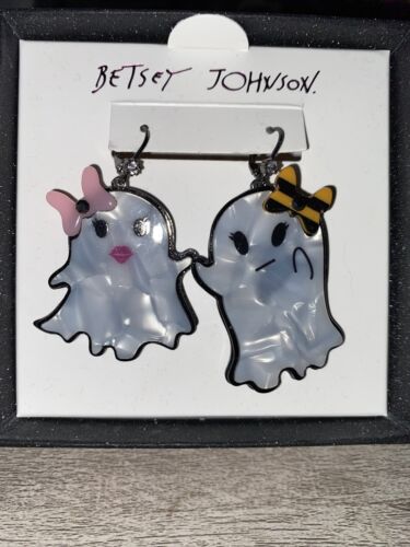 Betsey Johnson Hematite Tone & White Acrylic Ghost Mismatch Drop Earrings NIB