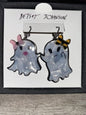 Betsey Johnson Hematite Tone & White Acrylic Ghost Mismatch Drop Earrings NIB