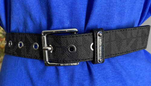 MICHAEL KORS BELT BLACK MK LOGO SILVER BUCKLE SILVER EYELETS MSRP $58
