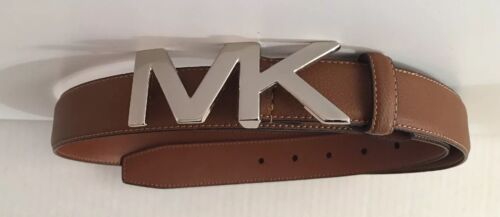 MICHAEL KORS BELT LUGGAGE BROWN MK LOGO BUCKLE SILVER SIZE 36 MSRP$48