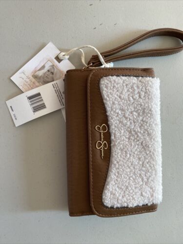Jessica Simpson Vienna Trifold Wristlet Wallet Shearling Sherpa Almond Brown