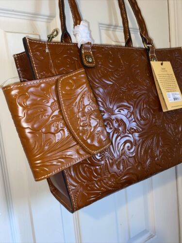 Patricia Nash Zancona Tooled Brown Leather Tote With Reiti Wallet New BEAUTIFUL