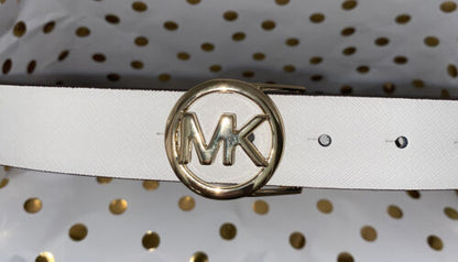 MICHAEL KORS BELT WHITE~LEATHER W/GOLD MK CIRCLE BUCKLE~ALL PLUS SIZES~RARE FIND