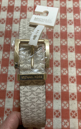 MICHAEL KORS BELT VANILLA MK PRINTED LOGO GOLD BUCKLE MSRP $48 COOL! LARGE