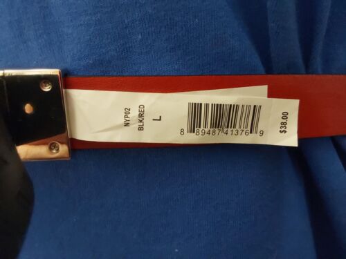 DKNY BELT REVERSIBLE BLACK LOGO TO SMOOTH RED SILVER LOGO BUCKLE "TAKE A LOOK"