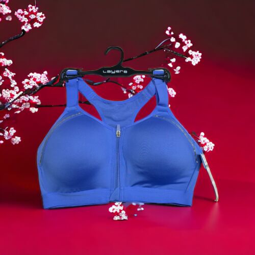 LAYER 8 MAXIMUM SUPPORT SIZE LARGE SPORT BRA FITTED Blue/SilverFront Zipper-NEW