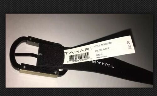 TAHARI BELT UNISEX BLACK TEXTURED FAUX LEATHER LOGO BUCKLE MSRP $40