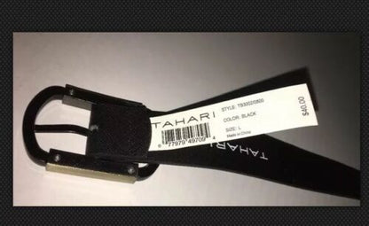 TAHARI BELT UNISEX BLACK TEXTURED FAUX LEATHER LOGO BUCKLE MSRP $40