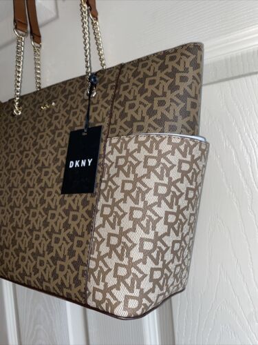 DKNY Gigi Tote Signature Logo Vanilla/Brown  Gold Hardware MSRP $178.00 ELEGANT