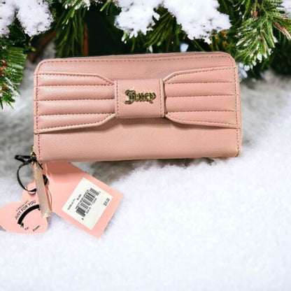 JUICY COUTURE WALLET ORGANIZER- CLUTCH PLATE LOGO & ZIP AROUND~PRETTY BOW LARGE